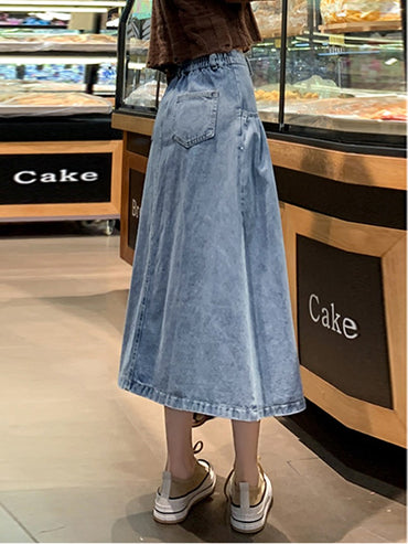 Vintage Elasitc High Waist Jeans Long Skirts For Woman Casual Loose Plus Size Denim Skirt Women Autumn Cotton A-Line Maxi Skirt