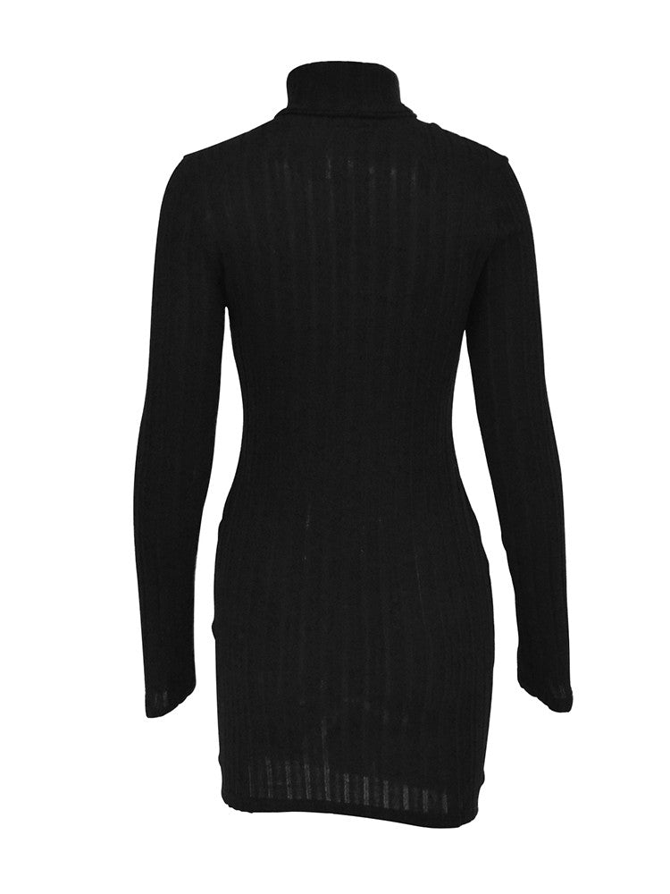New Sexy Mini Dress For Women Autumn Black Solid Turtleneck Long Sleeves Sheath