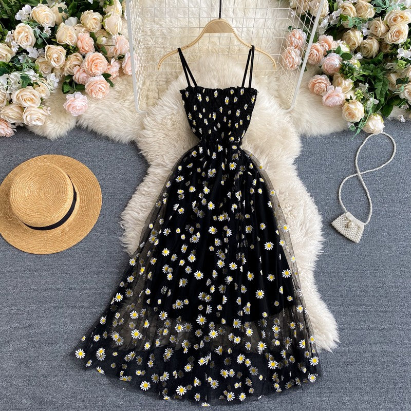 YuooMuoo Korean Fashion Daisy Flower Print Mesh Party Dress Summer Two Layers Sp