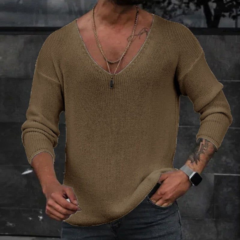 Men 2023 Spring V Neck Rib Bottoming T-shirts Pullover Autumn Long Sleeve Slim Fit Tees Tops Simple Casual Plain Thin Knit Shirt