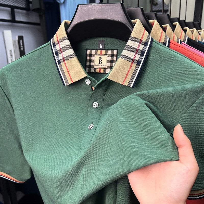 Luxury brand short sleeve polo shirt men's summer new silk cotton breathable fashion top casual business plaid lapel T-shirt