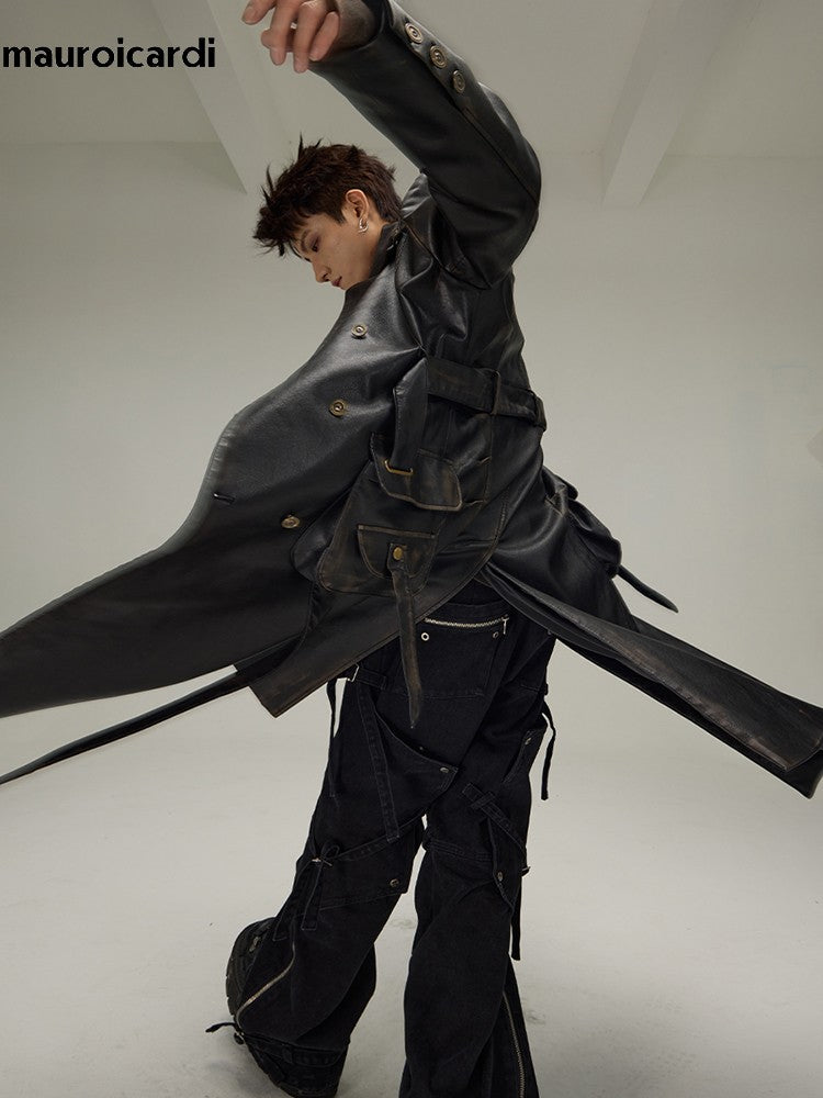 Mauroicardi Spring Autumn Long Distressed Black Pu Leather Trench Coat Men Belt Double Breasted Luxury European Fashion 2023