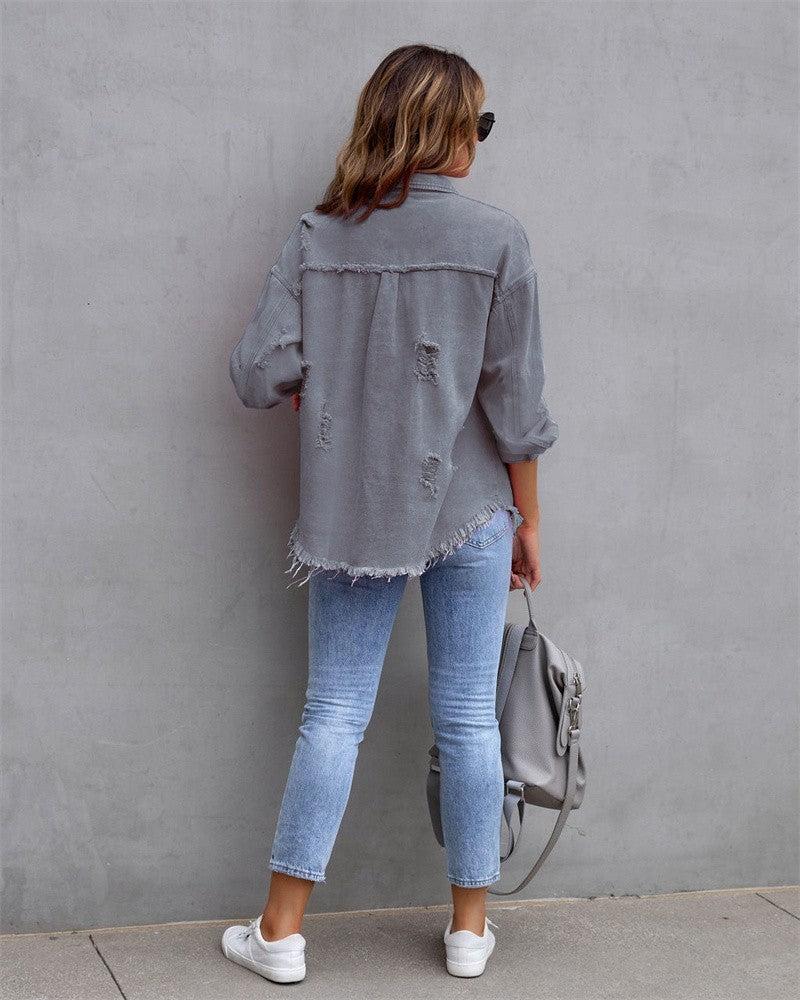 2025 Holes Raw-edges Denim Jacket Women Spring Autumn Shirt Style Jeancoat Casual Top Rose-Red Orange Purple Outerwear Lady Coat