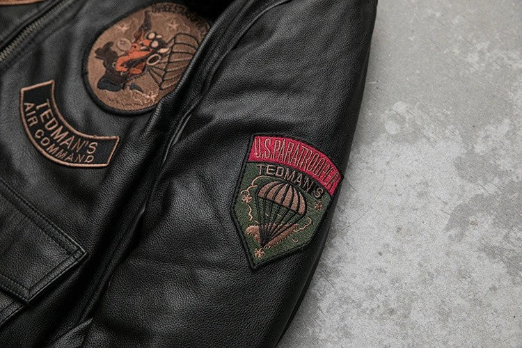 Detachable Natural Fur Collar Genuine Cowhide Men Leather Jacket Patches Flight Air Force Pilot Coat Winter Bomber