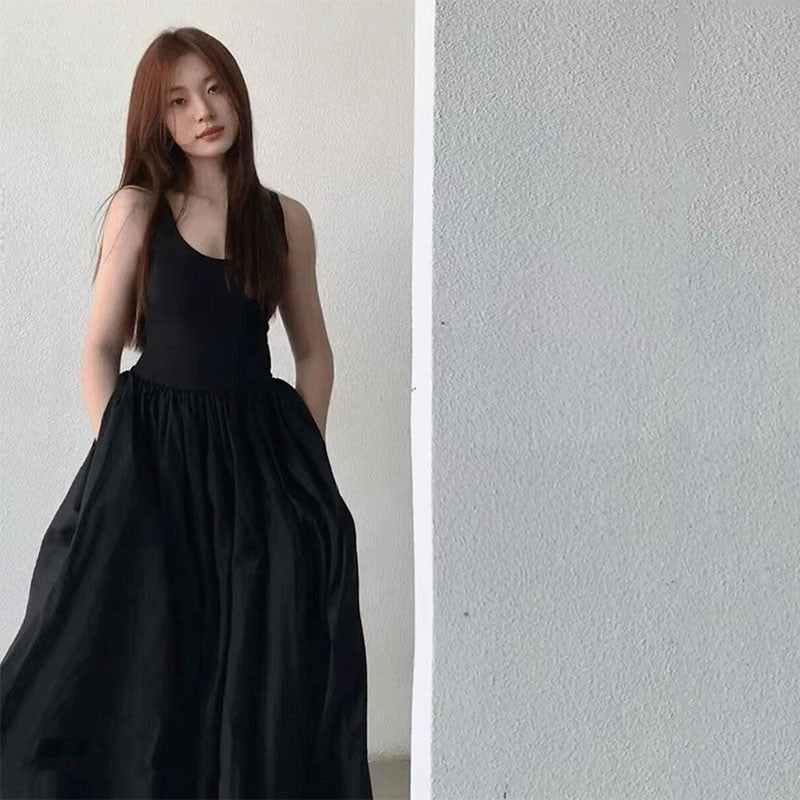 Black Strapless Long Dress Women Fashion Slim Sleeveless O-Neck High Waist Dress