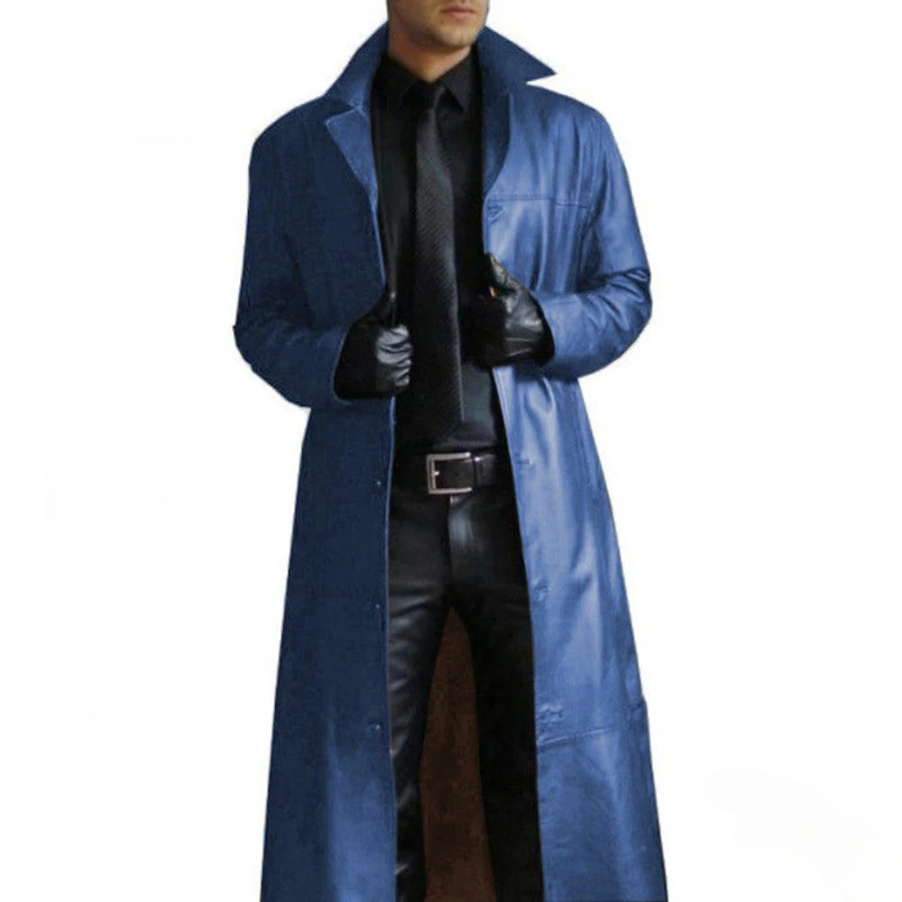 2024 New Men's Long Leather Jackets Goth Punk Button Trench Coat Solid Lapel Collar Long Pu Windbreaker Winter Leather Coats