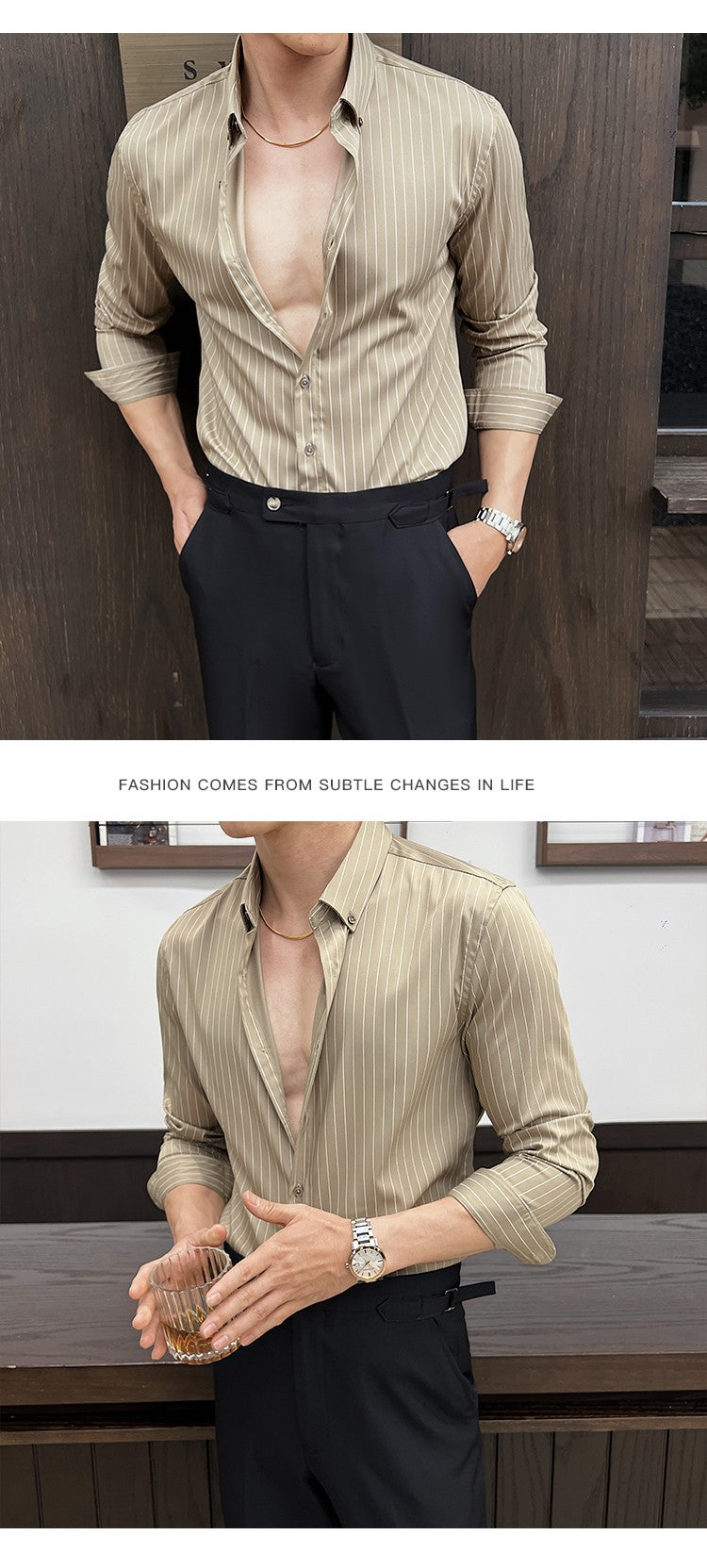 Striped Shirts for Men High-quality 2025 Autumn New Solid Business Casual Long Sleeved Elastic Slim Fit Dress Shirt Men Clothing