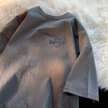 8XL Men Oversized Fashion Loose American Vintage Letter NAET Print Short Sleeve Round Neck Versatile Trend Couple outfit