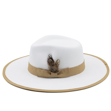 European American Fashion Feather Felt Jazz Hat Flat Wide Brim Bordered Formal Hat for Women and Men Elegant Style