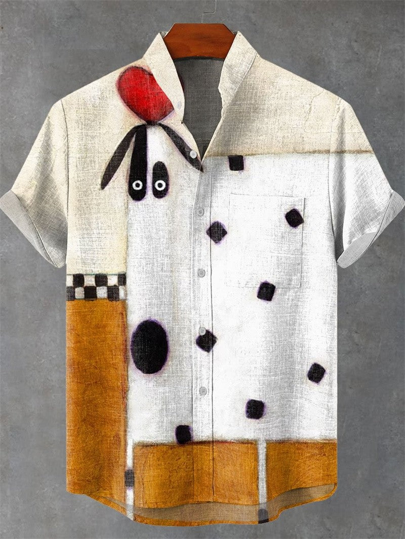 Men's Linen Short Sleeve Shirt Casual Top Single Button Vintage Cartoon And Art Cat Summer Print Top