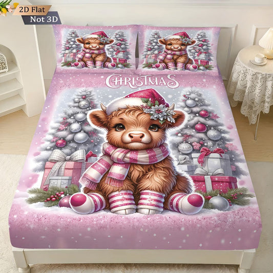 3pcs Christmas Highland Cow Print Coreless Bed Sheet Set Multiple Size Bed Cover Bedroom Bedding, Decoration Machine Washable