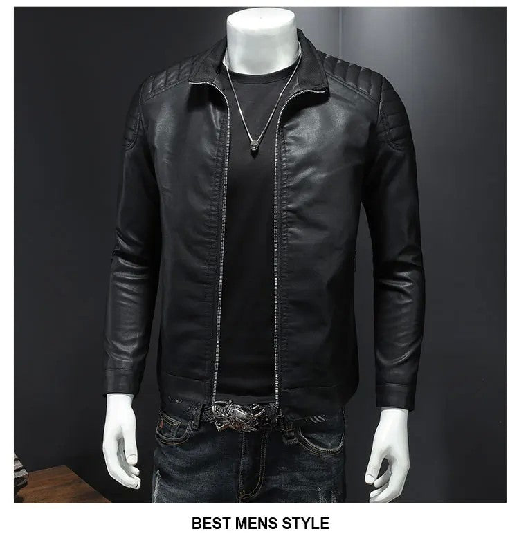 Men standing collar Jacke, leather motorcycle jacket men,bomber leather coat?fashion trend personalized leather winter clothing