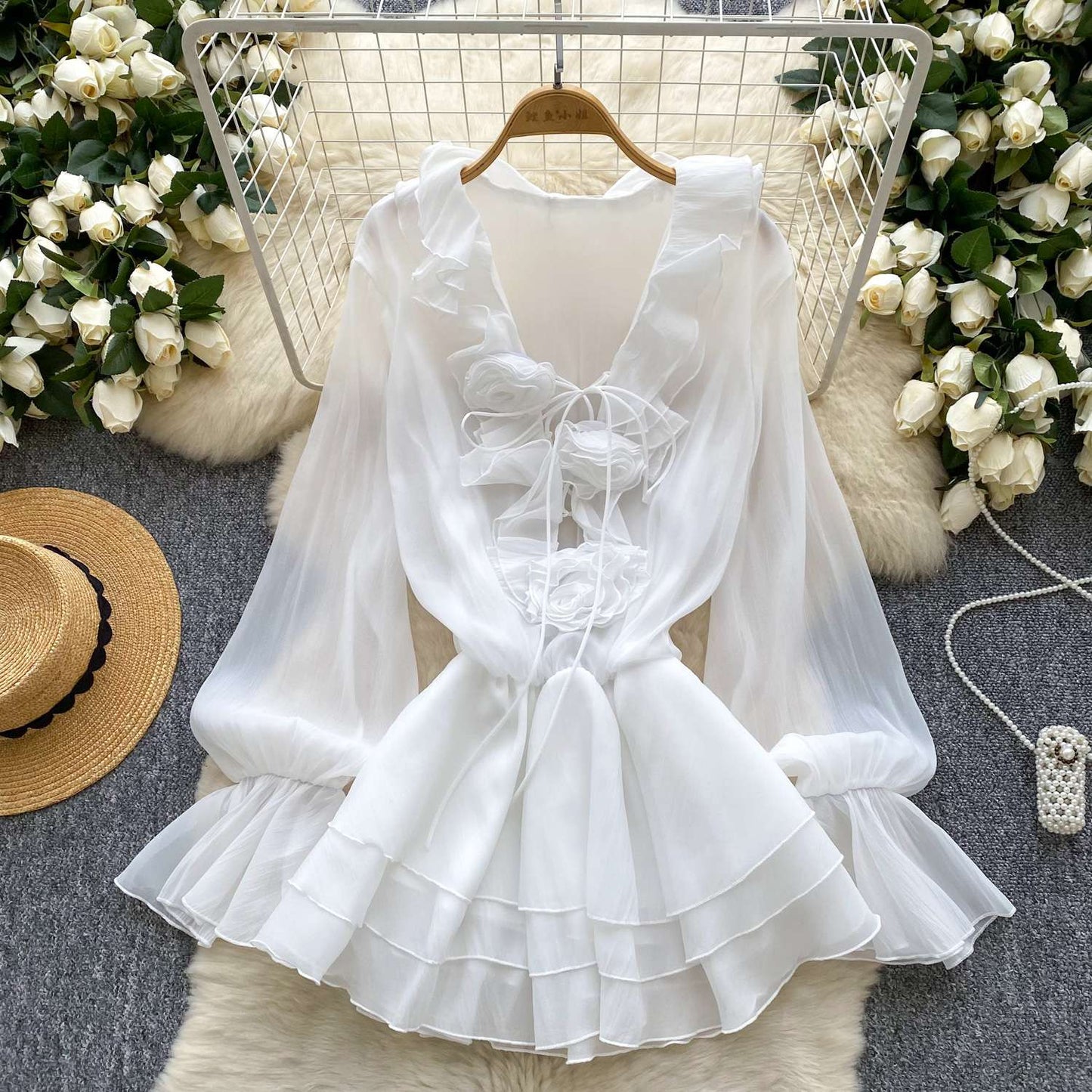 SINGREINY 3D Floral Beach Short Dress Female Long Sleeves Lace Up Ruffle Chiffon