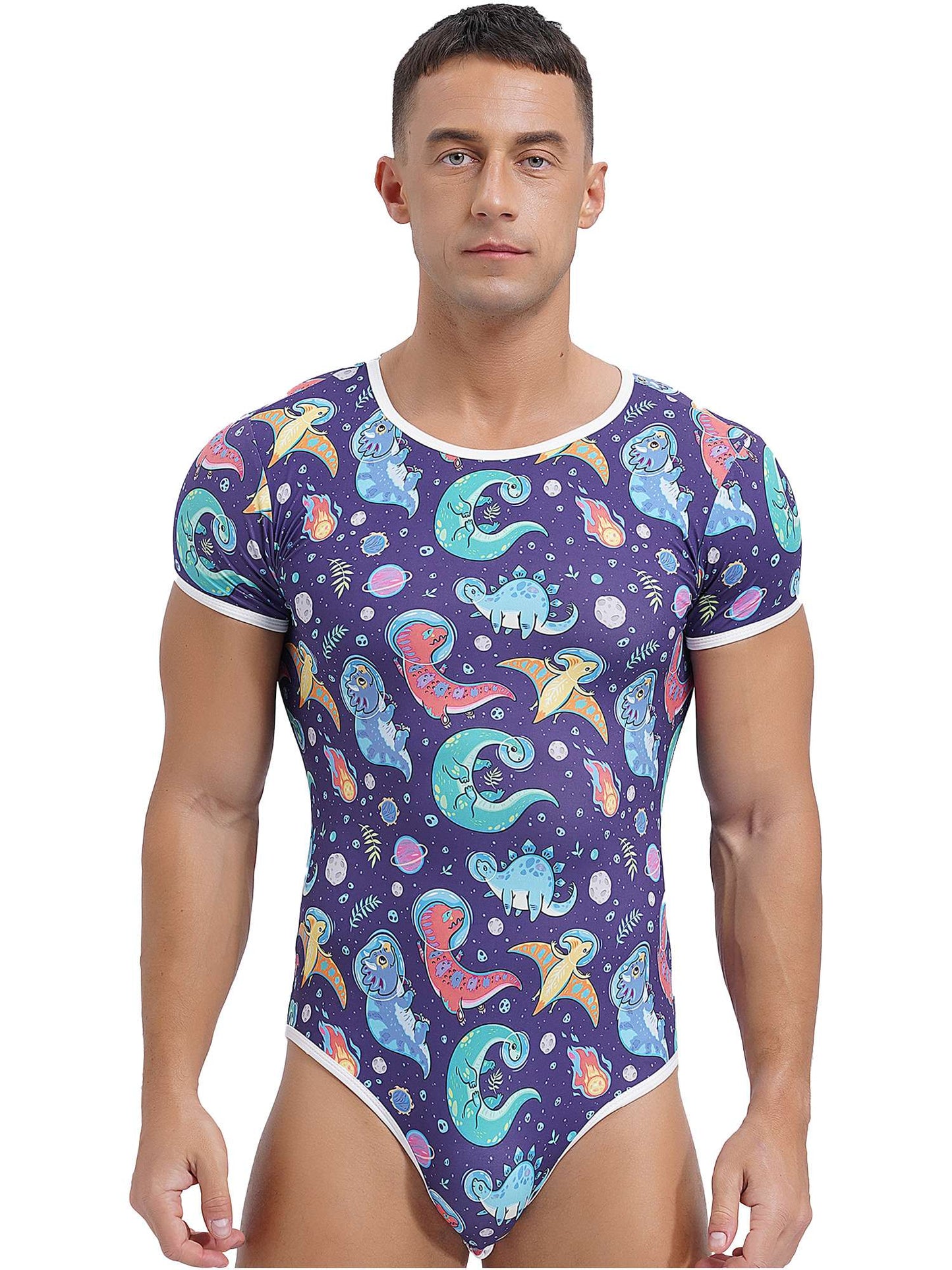 Mens Cute Cartoon Print Bodysuit Sissy Pajamas Short Sleeve Buttoned Crotch Diaper Rompers Gay Male Onesies Sleepwear Loungewear