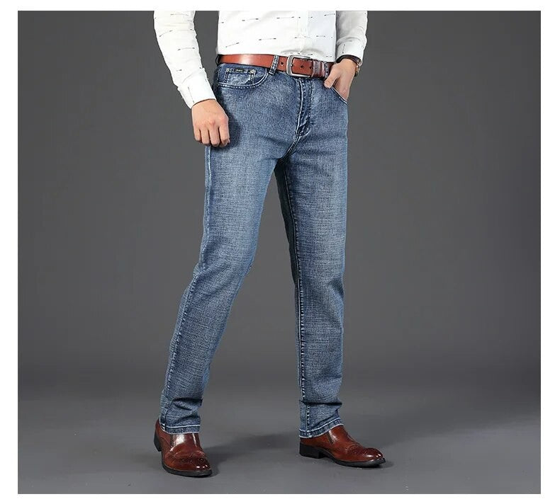 Wthinlee Calça Jeans Masculina Nova, Casual, Reta, Elástica, Moda Clássica, Azul, Preta, Trabalho, Calças Jeans Masculinas de Marca