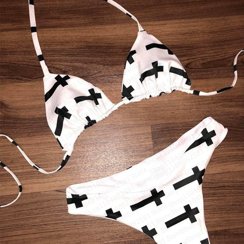 Gothic sexy cross print bikini set women's swimsuit patch swimsuit hot pants set summer casual fashion Y2k style emo girl punk