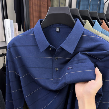 2025 long sleeved men's spring and autumn collar striped pullover top with loose pockets polo shirt