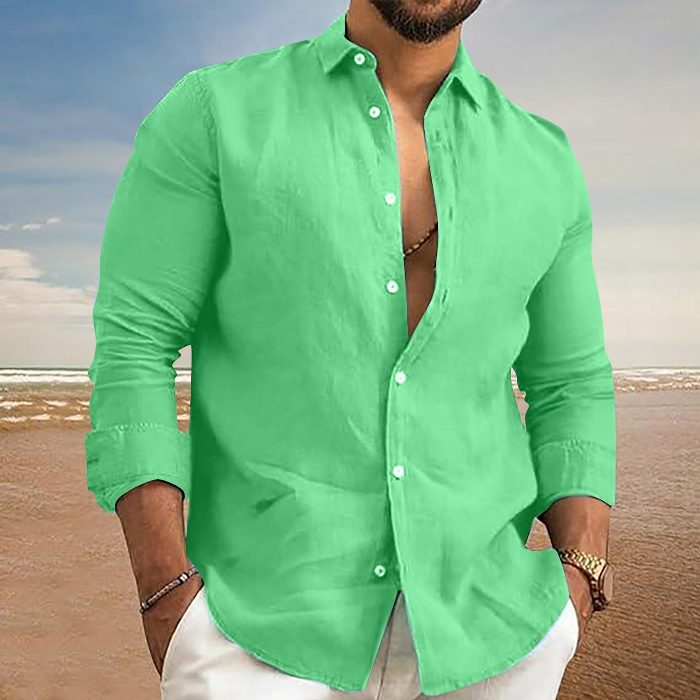 Men's Spring And Summer New Cotton Hemp New Men's Cool Long Sleeve Shirt Solid Color Loose Lapel Casual Beach Style Shirt
