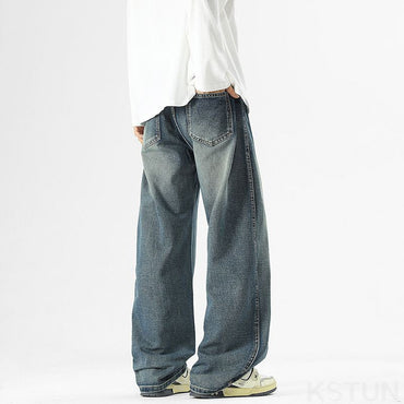 KSTUN Wide Leg Jeans For Men Loose Fit Baggy Pants Patchwork Vintage Elastic Waist Oversize Trousers Streetwear HipHop Jeans Boy