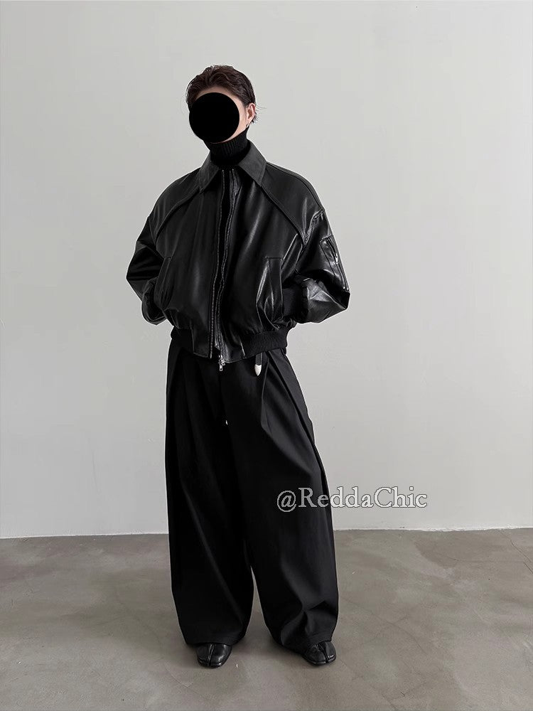 REDDACHiC Men's Pleated Front Wide Leg Pants Cleanfit Black Solid Low Waist Dressy Trousers Unisex Office Work Casual Clothes