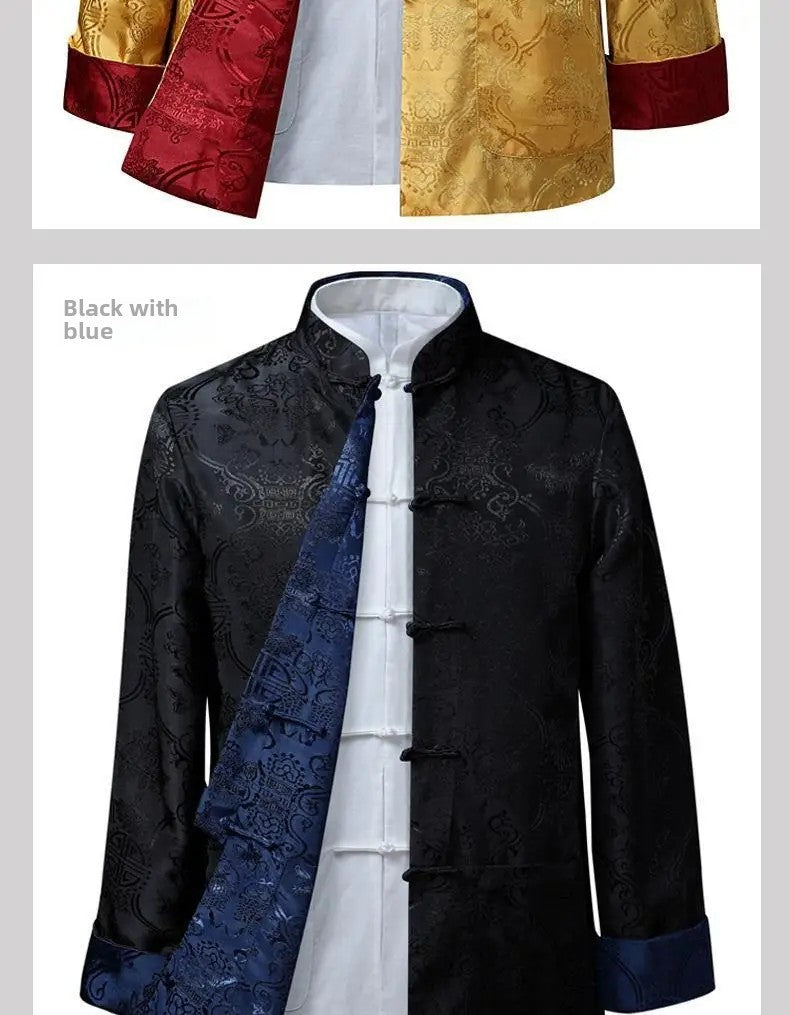 Spring Autumn Double-Sided Wearable Vintage Blazer Jacket Men's Casual Chinese Style Middle-Aged And Elderly Fashion Outerwear