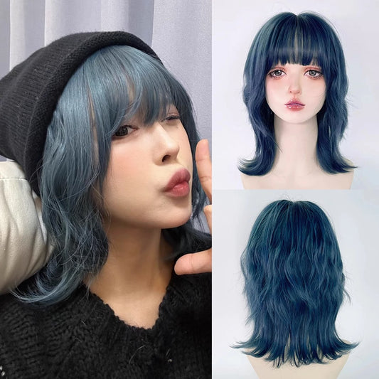 Blue Mullet Head Synthetic Short Wavy Wig with Bangs Heat Resistant Fluffy Lolita Cosplay Wig for Daily Party