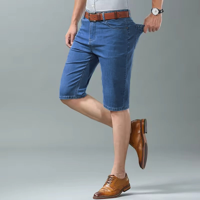 Summer Men Denim Shorts New Style Thin Embroidery Business Casual Straight  Short Jeans Male Brand Clothing Black Blue