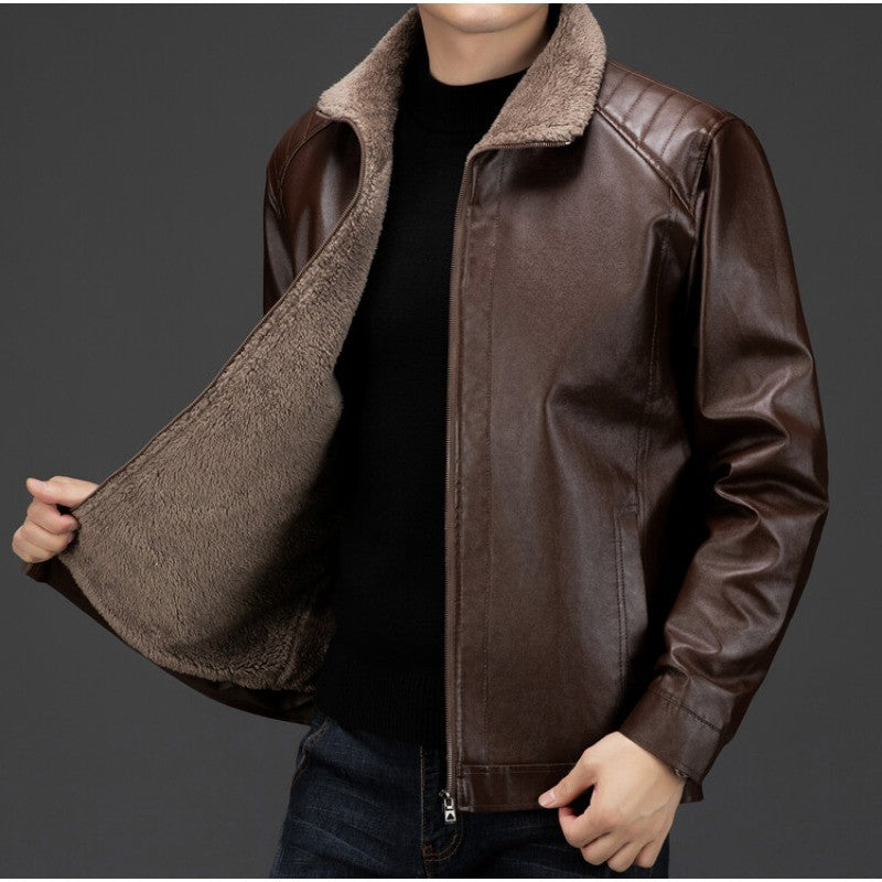 Men's Autumn and Winter Long Sleeved Leather Jacket with Fleece Collar for Warmth and Fashion Leather Jacket Men