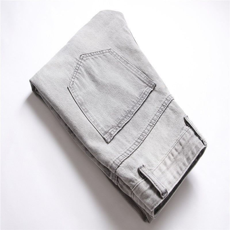 Mens Jeans Large-size Straight Light Gray Denim Trousers Spring and Autumn Full Length Male Pants Ripped Jeans