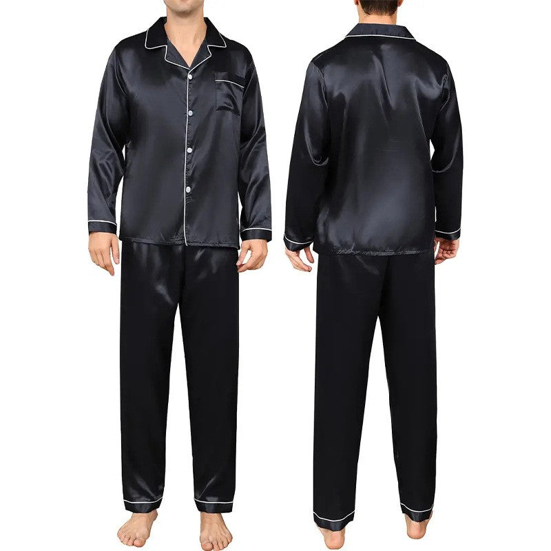 2PCS/Set Plus Size Solid Long-Sleeved Pyjamas Men Spring and Autumn Silk Sleepwear Homewear Cardigan Lapel Trousers Nightwear