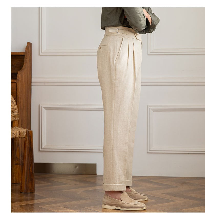 Three Gentleman Summer Naples Casual Straight Pants Men's Commuting Cotton and Linen Comfortable Breathable High Waist Pants