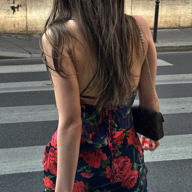 Flowers Print Spaghetti Strap Dresses Women Temperament Package Hip Bodycon Long