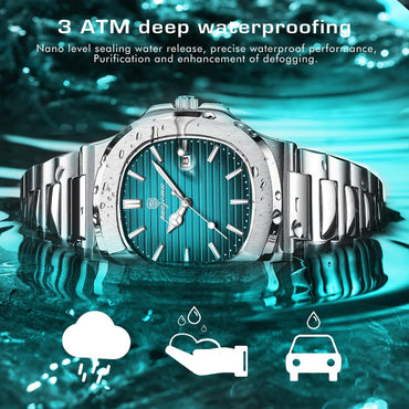 PAAZOMU Luxury Watch Business 50 ATM Waterproof Male Clock Luminous Date Stainless Steel Square Quartz Men Watches reloj hombre