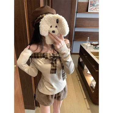 Cute and Sweet Plaid One-neck Long-sleeved T-shirt Fashionable Street Short One-Neck Long Sleeve T-Shirt Y2k Top Women Clothing