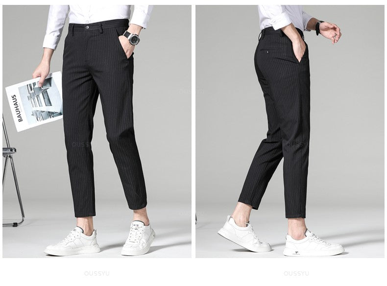 High Quality Plaid Stripe Ankle Length Pants Men Business Long Length Pant Straight Korea Grey Black Suit Formal Trousers Male