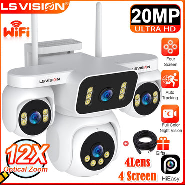 LS VISION 20MP IP Camera with 5m Cord 12X Zoom WiFi Security Cameras 4 Screens Night Vision Human Detection Auto Tracking HiEasy
