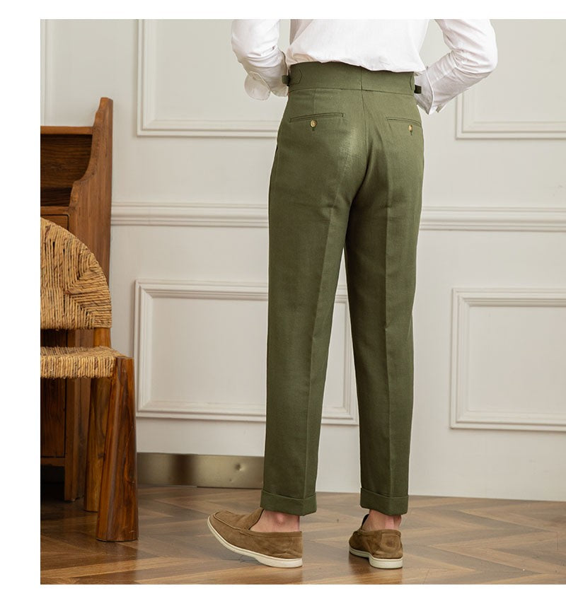 Three Gentleman Summer Naples Casual Straight Pants Men's Commuting Cotton and Linen Comfortable Breathable High Waist Pants