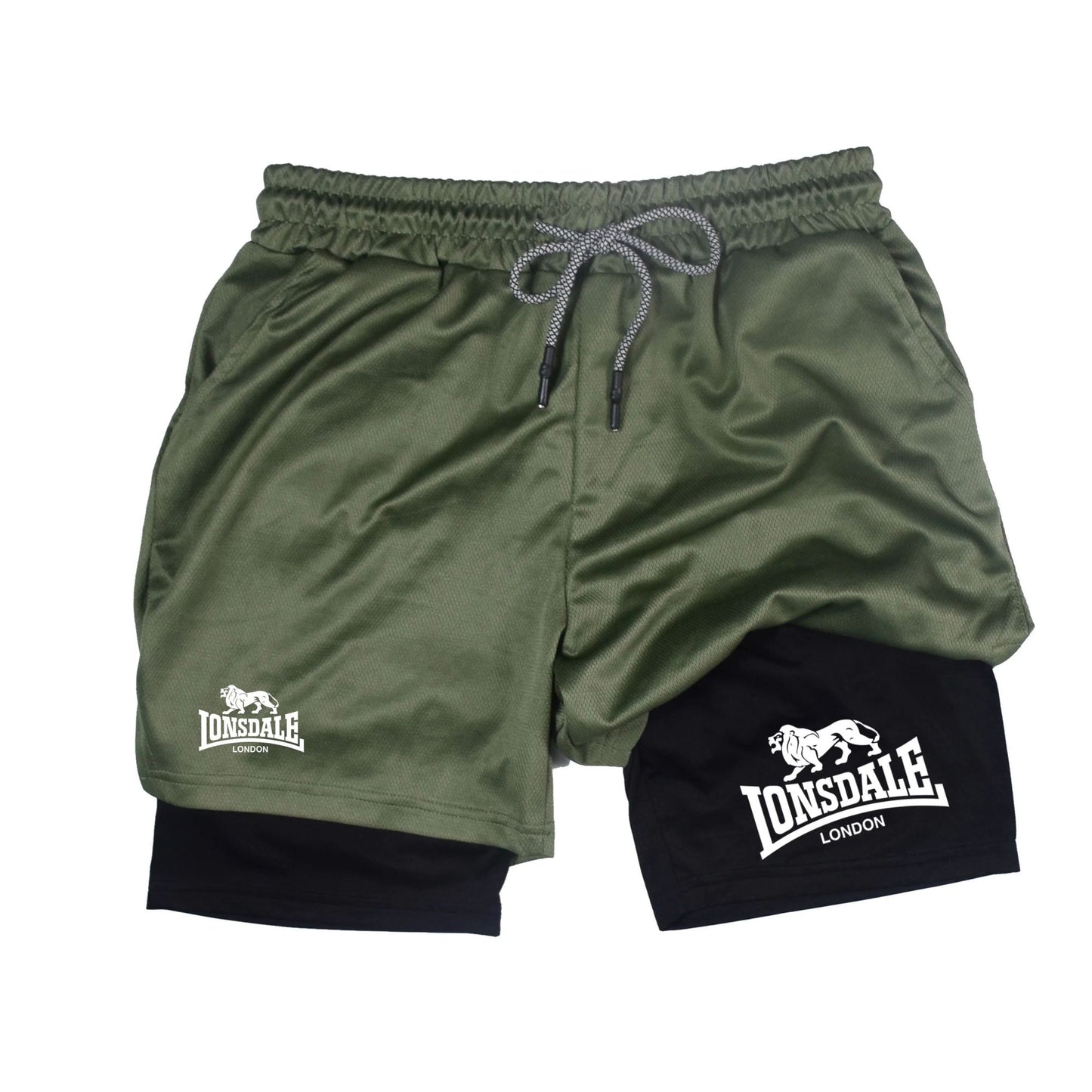 2 in 1 Running Shorts Men Workout Lonsdale Compression Shorts with Phone Pocket Towel Loop Summer Sport Athletic Activewear