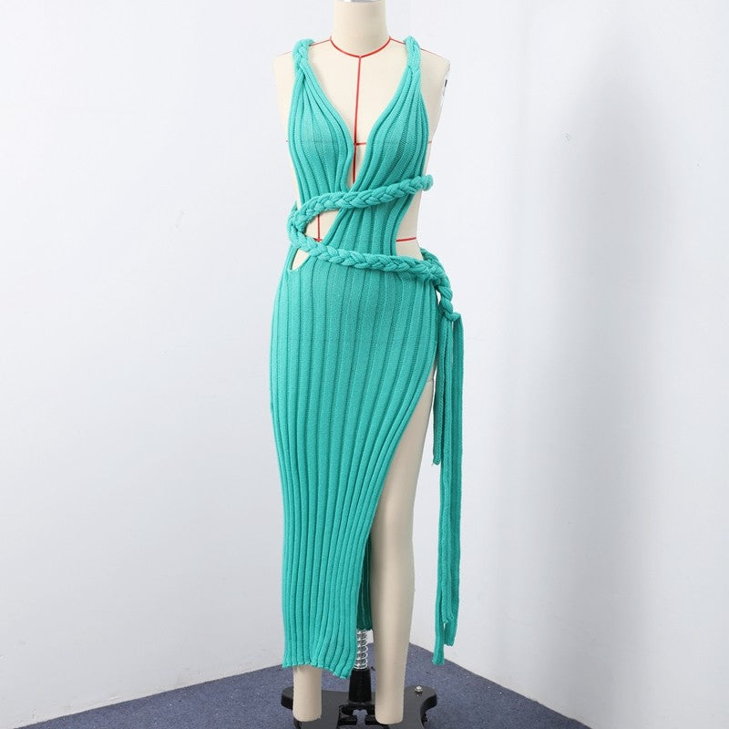 Sexy Knit High Slit Backless Long Dress Women Green Ribbed Hollow V-neck Dresses