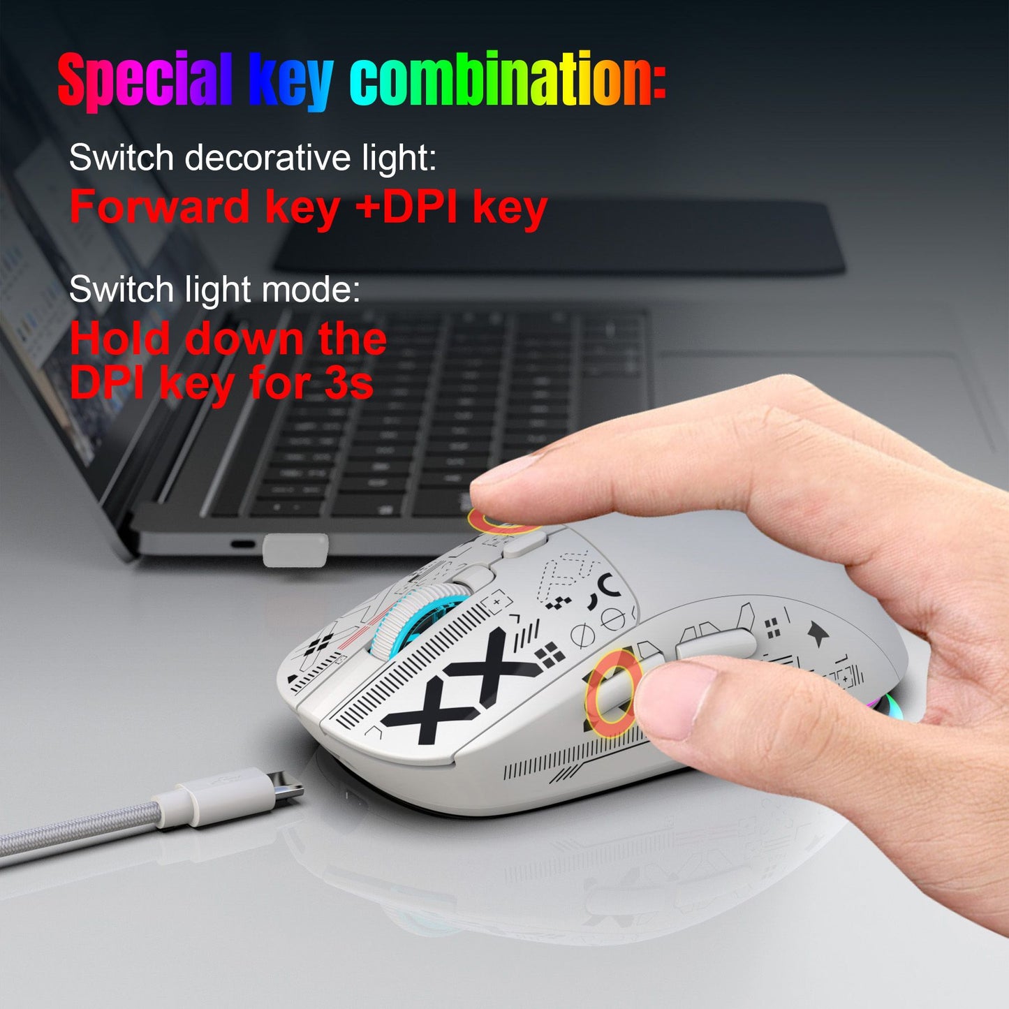 Mouse Bluetooth Sem Fio T90 RGB (BT1/BT2+ USB) 2.4GHz Recarregável Silencioso com Adaptador Tipo C