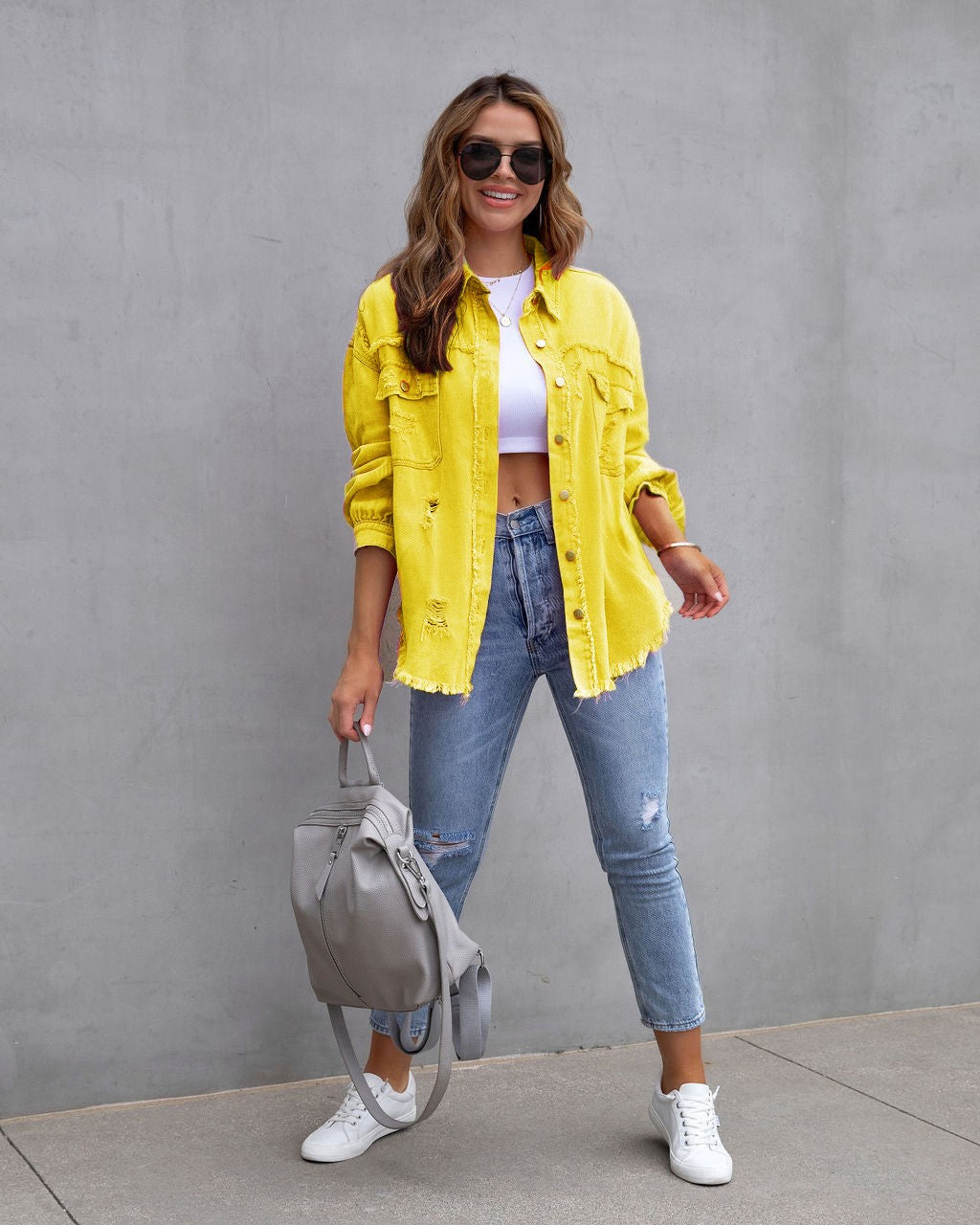 Autumn Winter Women's New Denim Jacket Fashion Grinding Edge Broken Hole Hollow Long Sleeve Single Breasted Casual Collar Top