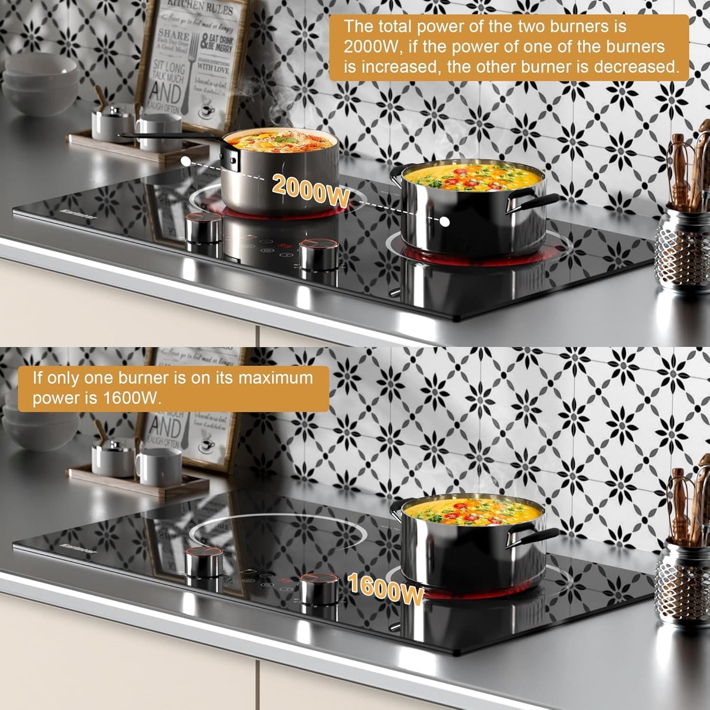 Karinear Electric Ceramic Cooktop 2 Burner, 110V, 2000W Knob Control & Sensor Touch for Countertop or Built-in Install, 24Inch