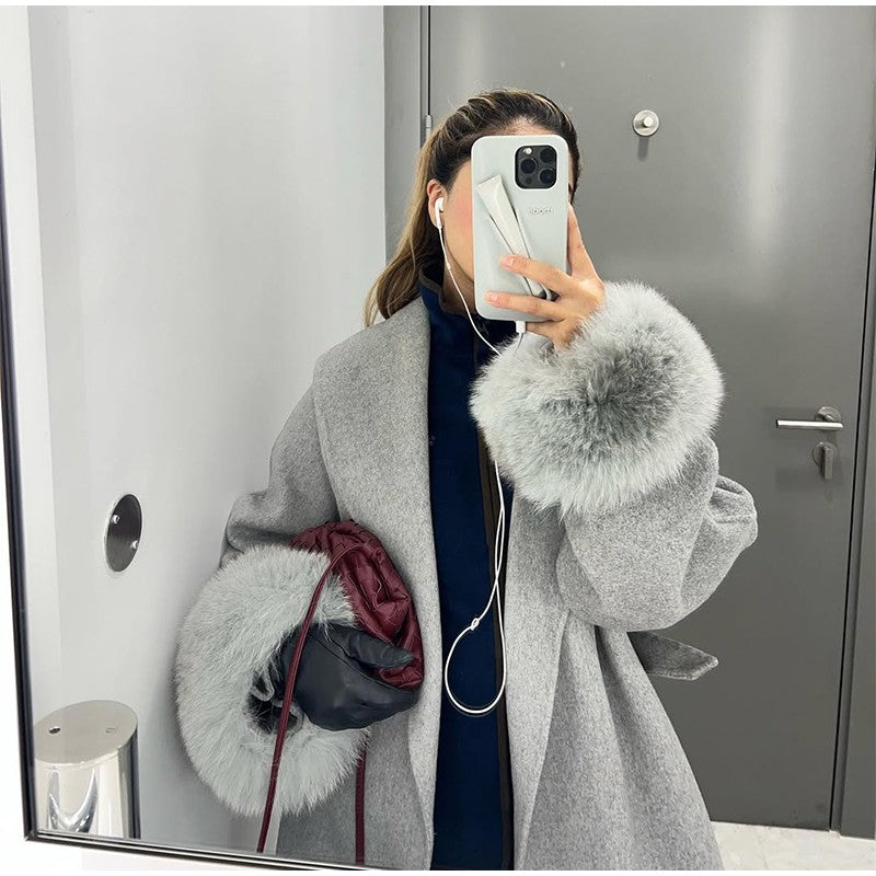 Lace-Up Short Overcoat Women's Coat Office Lady Elegant Woolen Furry Patchwork Long Sleeve Coats 2025 New Loose Cardigan Jackets