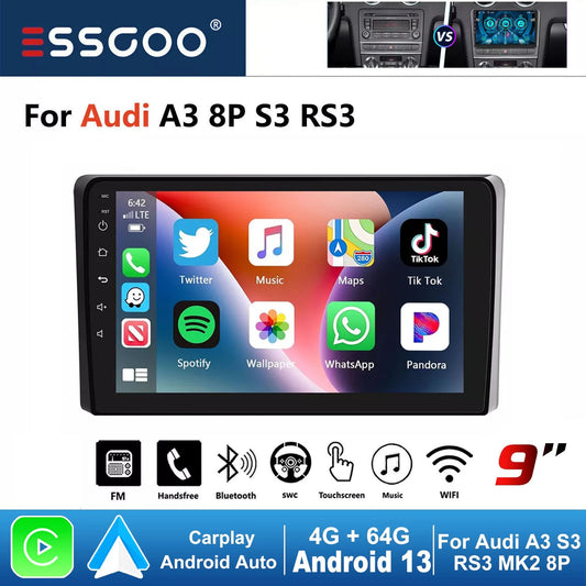 ESSGOO 9" Carplay AndroidAuto Car Stereo Multimedia Player Radio Android 13 GPS SAT Navi Wifi BT FM RDS For Audi A3 8P 2003-2013