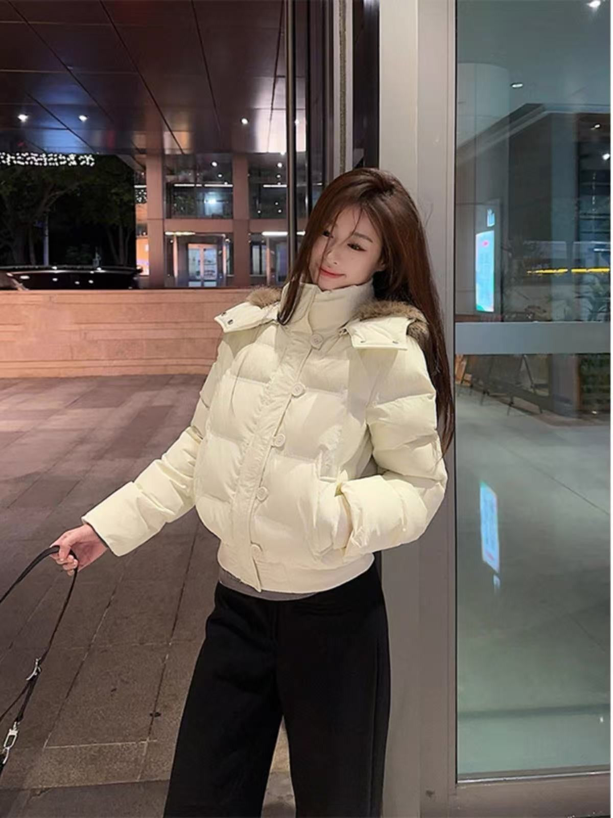 South District Fiona Women's Winter Jacket Navy Blue Cotton Short down Coat with Detachable Hood And Fur Collar