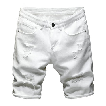 New White Jeans Shorts Men Fashion Ripped Knee Length Pants Simple Casual Slim Hole Denim Shorts Male Streetwear