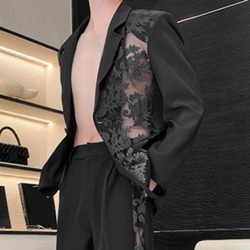 INCERUN Men Blazer Mesh Patchwork Lace Transparent Lapel Long Sleeve Casual Suits Men Streetwear 2024 One Button Fashion Coats