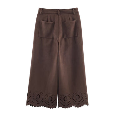 Die-Cut Hem Faux Suede Wide Leg Pants For Women Vintage Brown High Waist With Pockets Casual Loose Trousers