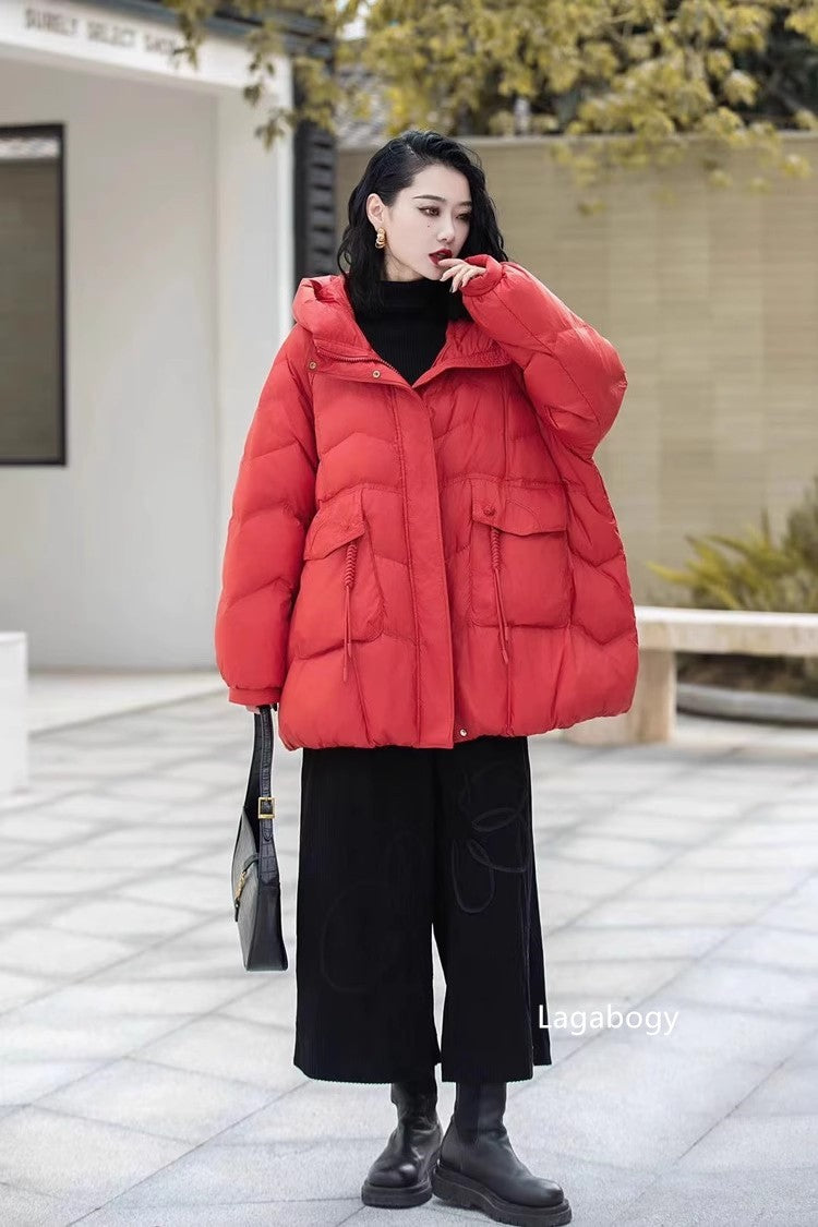 Lagabogy 2025 Women Autumn Winter Vintage Style Loose Casual Mid-Long Hooded Warm Puffer Coat Female 90% White Duck Down Jacket