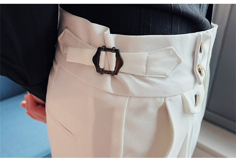 British Style Spring New Solid Business Casual Suit Pants High Waist Button Men Formal Pants High Quality Slim Office Trousers